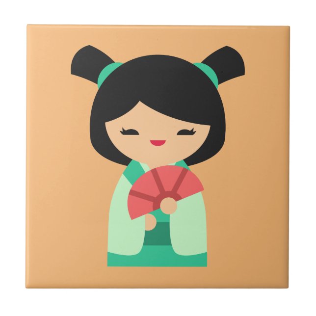 Pink Kokeshi Japanische Puppen Fliese (Vorderseite)