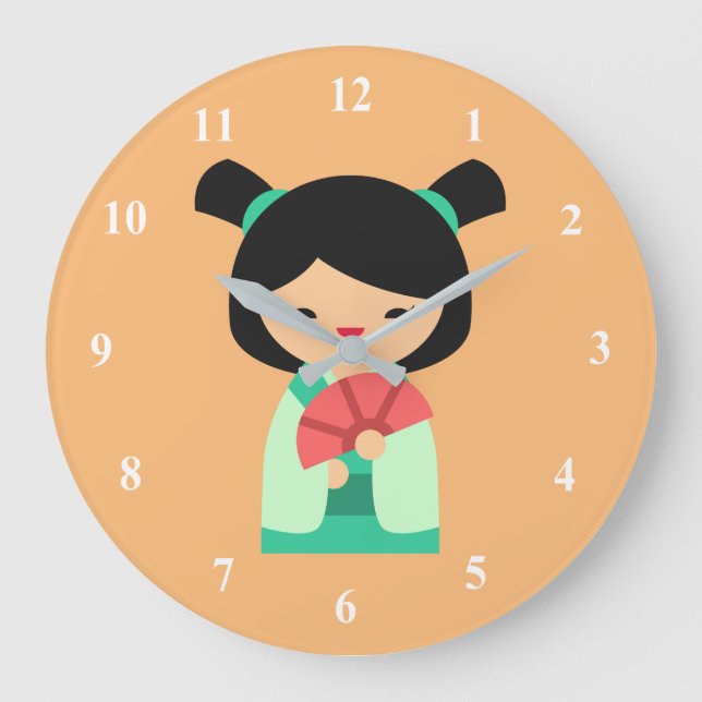 Pink Kokeshi Japanische Puppen Große Wanduhr (Vorderseite)
