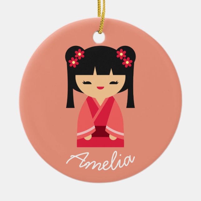 Pink Kokeshi Japanische Puppen Keramik Ornament (Vorne)