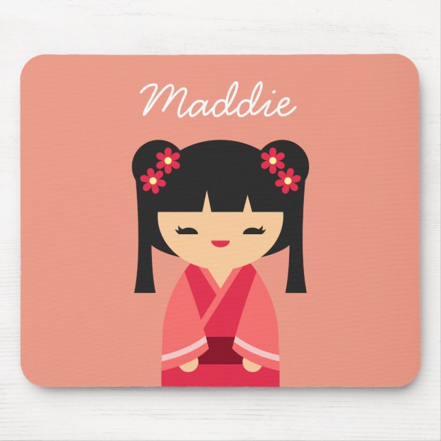 Pink Kokeshi Japanische Puppen Mousepad (Vorne)