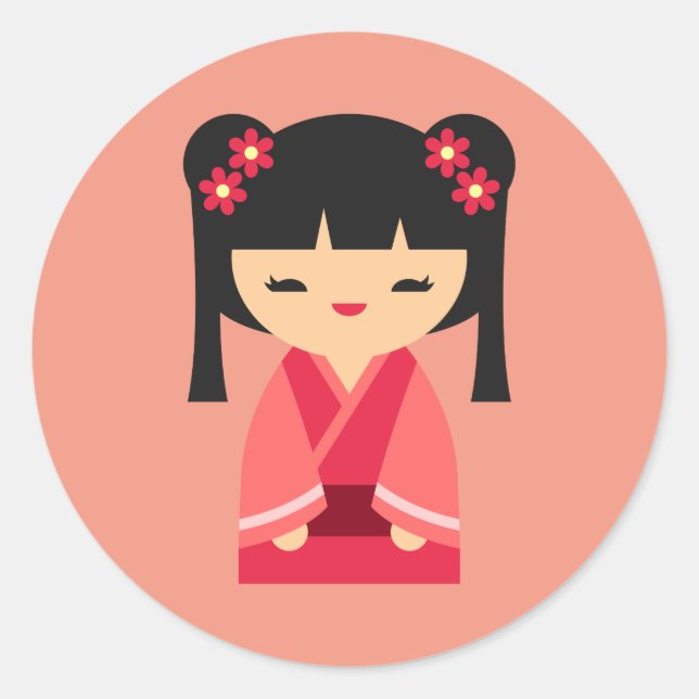 Pink Kokeshi Japanische Puppen Runder Aufkleber (Vorderseite)