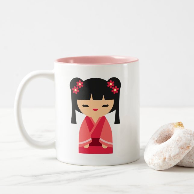 Pink Kokeshi Japanische Puppen Zweifarbige Tasse (Mit Donut)