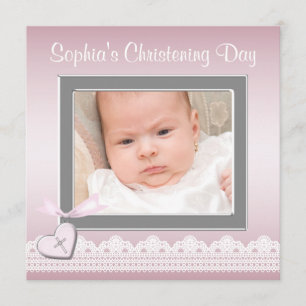Pink Lace Baby Girl Foto Christening Einladung