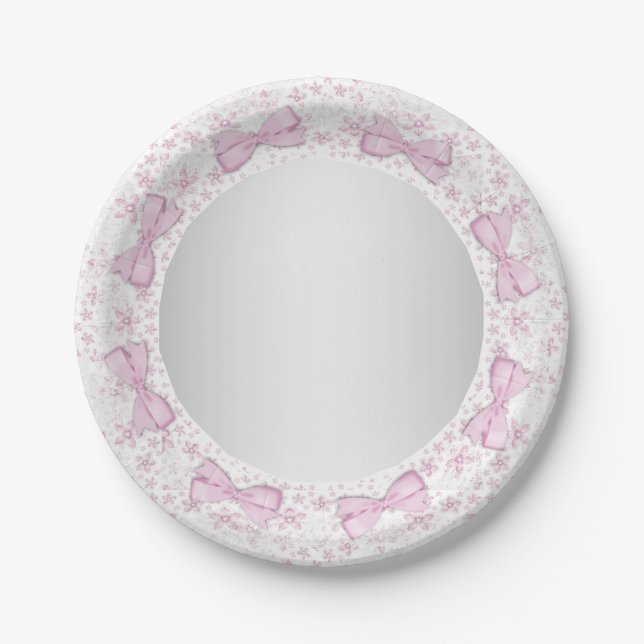 Pink Lace Bow Pink Gray Baby Dusche Pappteller (Vorderseite)