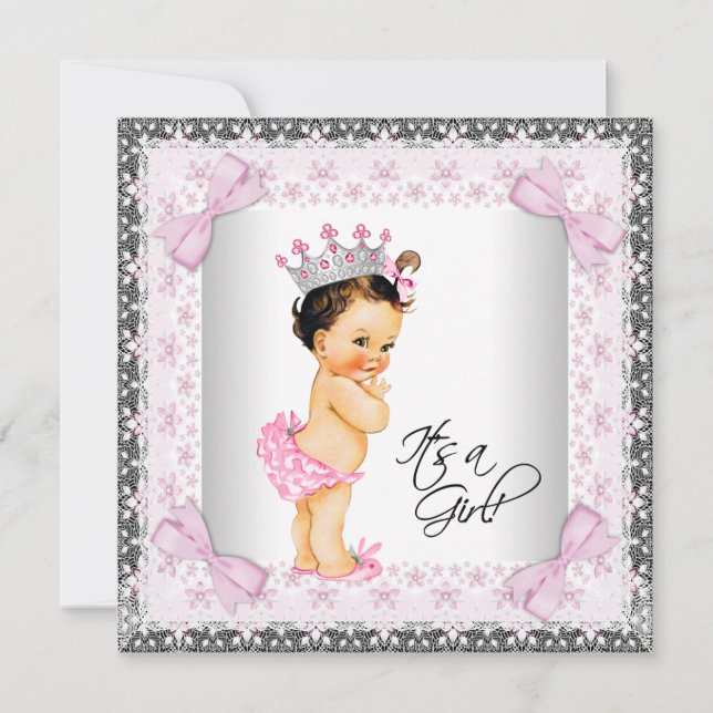 Pink Lace Bows Girly Princess Babydusche Einladung (Vorderseite)