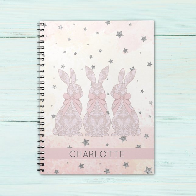 Pink Lace Bunny Stars Muster Notizblock (Personalized Lace Bunny Easter Notebook)