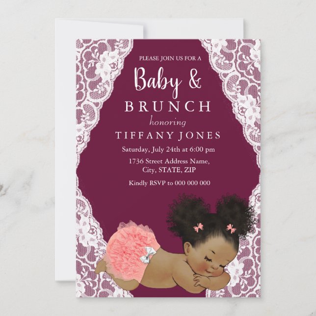 Pink Lace Burgundy Vintag Baby Dusche Brunch Einladung (Vorderseite)