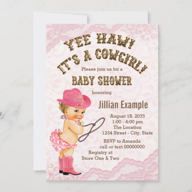 Pink Lace Cowgirl Babydusche Einladung (Vorderseite)