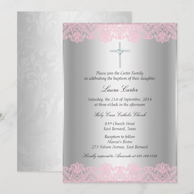 Pink Lace & Cross Taufe/Christening Einladung (Vorne/Hinten)