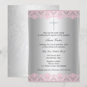 Pink Lace & Cross Taufe/Christening Einladung