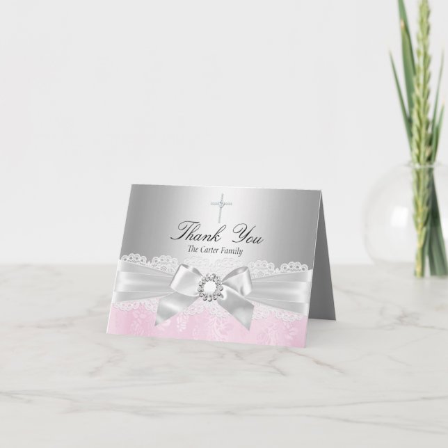 Pink Lace & Cross Taufe Danke Karte (Vorderseite)