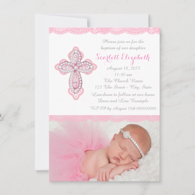 Pink Lace Diamond Cross Foto Taufe Christening Einladung (Vorderseite)
