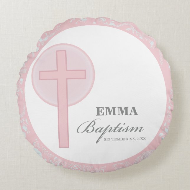 Pink Lace Girl Taufe Personalisiert Rundes Kissen (Vorderseite)