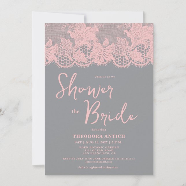 Pink Lace Grey Bridal Shower Invitation Einladung (Vorderseite)