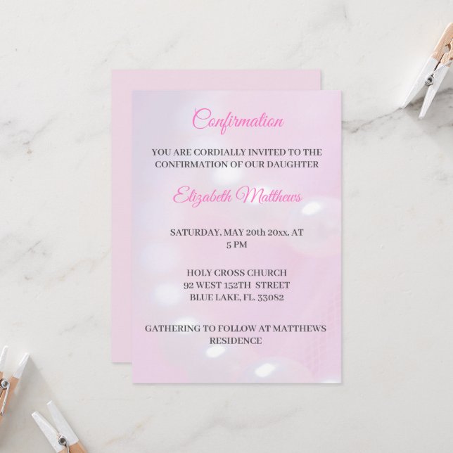 Pink Lace & Pearls Confirmation Invitation Girl Einladung (Vorderseite/Rückseite Beispiel)