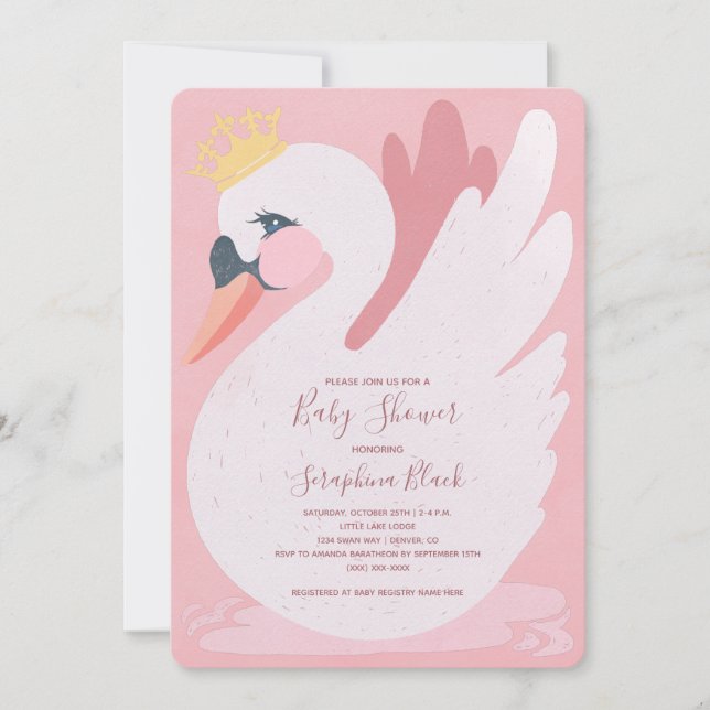 Pink Lace Swan Princess Baby Dusche Einladung (Vorderseite)