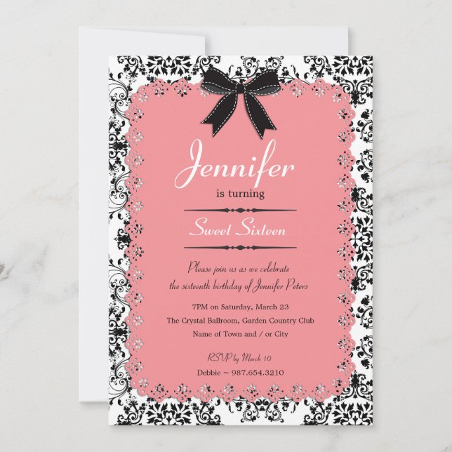 Pink Lace und Black & White Damask Sweet 16 12x18 Einladung (Vorderseite)