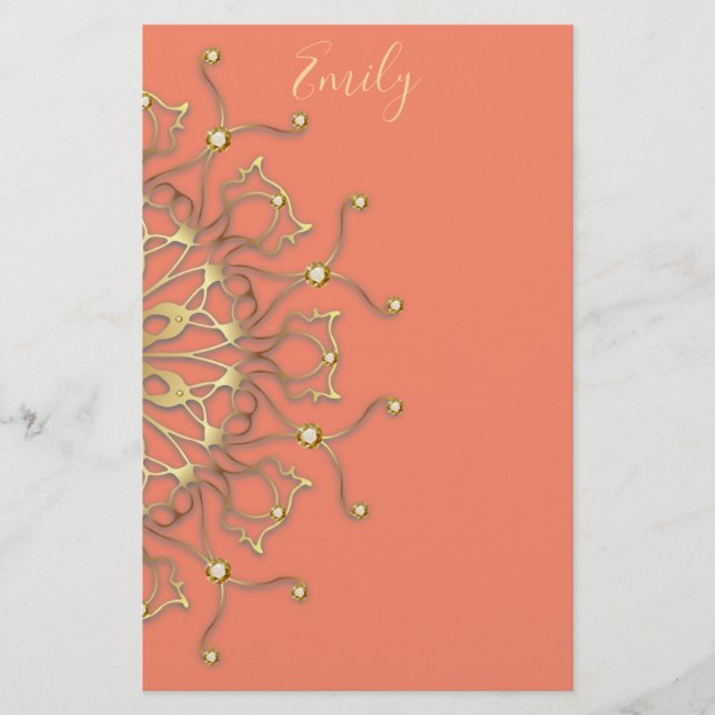 Pink Lachs & Gold Filigree Mandala mit Diamanten Briefpapier (Vorderseite)