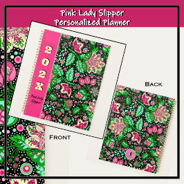 Pink Lady Slipper-Blume auf schwarz Personalisiert Planer