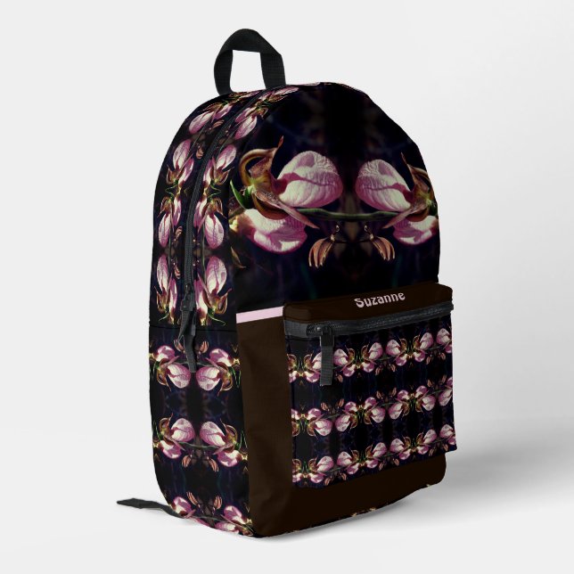 Pink Lady Slipper Orchid Blume Personalisiert Bedruckter Rucksack (Rückseitige Ecke links)