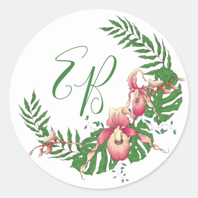 Pink Lady Slipper Orchid Initialen Runder Aufkleber (Vorderseite)