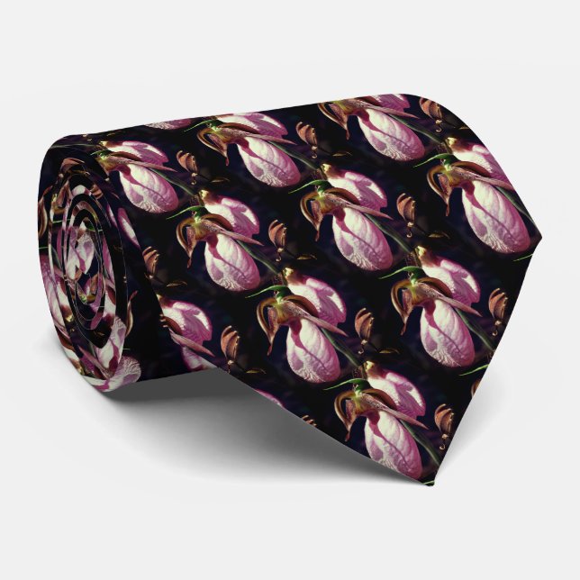 Pink Lady Slipper Orchid Pair Blume Natur Krawatte (Gerollt)