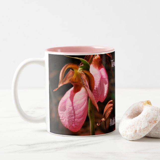 Pink Lady Slipper Orchid Pair Personalisiert Zweifarbige Tasse (Mit Donut)