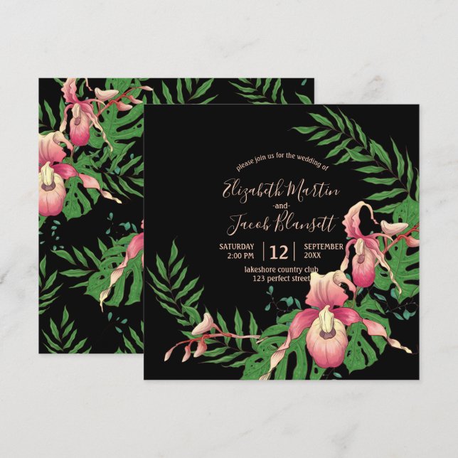 Pink Lady Slipper Orchid Wreath auf Black Wedding Einladung (Vorne/Hinten)