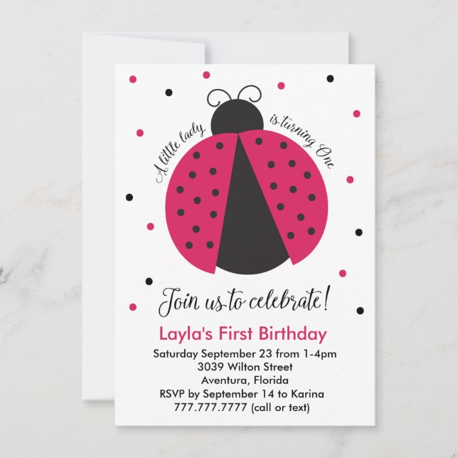 Pink Ladybug Baby Girl's First Birthday Einladung (Vorderseite)