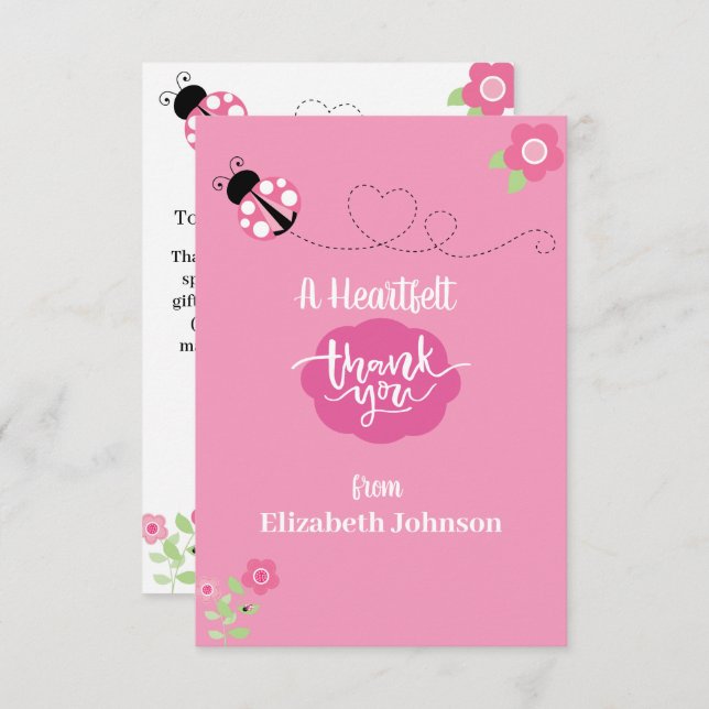 Pink Ladybug Flat Danke Karte (Vorne/Hinten)