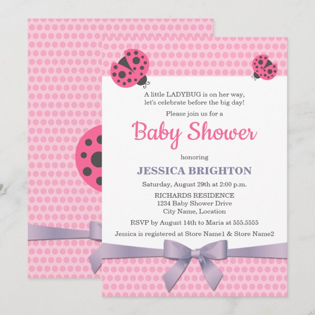 Pink Ladybug mit Lavender Ribbon Babydusche Einladung (Vorne/Hinten)