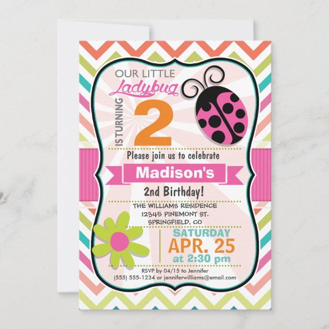 Pink Ladybug und Blume Girly Birthday Party Einladung (Vorderseite)