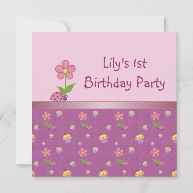 Pink Ladybug und Cupcake Birthday Party Einladung (Vorderseite)