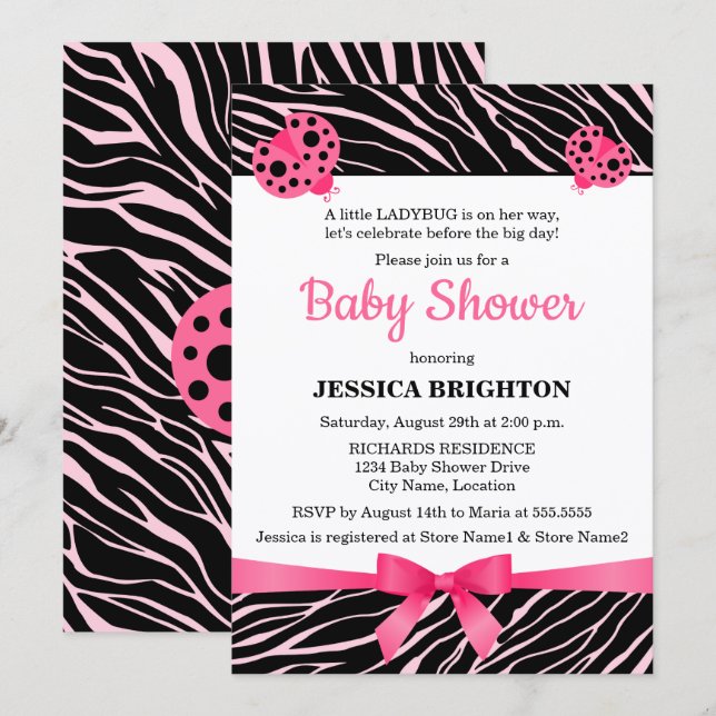 Pink Ladybug Zebra Stripes Babydusche Einladung (Vorne/Hinten)