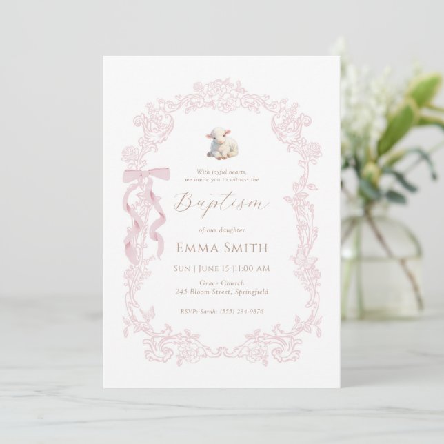 Pink Lamb Elegant Christian Girl Baptism Einladung (Stehend Vorderseite)