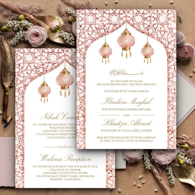 Pink Lanterns Blush Rose Goldmuslimische Hochzeit Einladung (Von Creator hochgeladen)