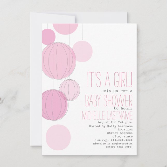 Pink Lanterns Girl Baby Dusche Einladung (Vorderseite)