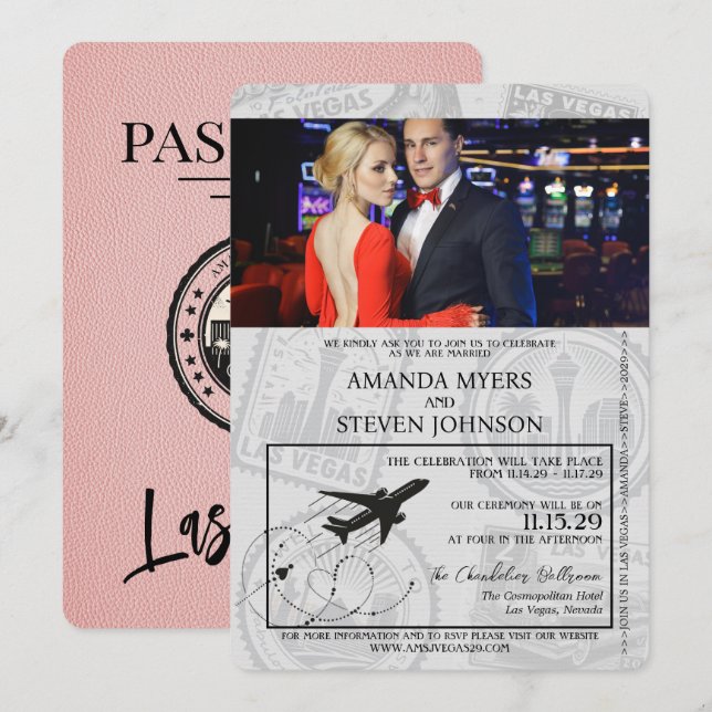 Pink Las Vegas Passport Wedding Einladung (Vorne/Hinten)
