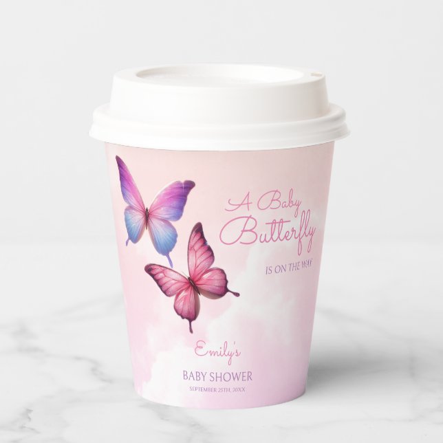Pink Lavender Butterfly Babydusche Pappbecher (Vorderseite)