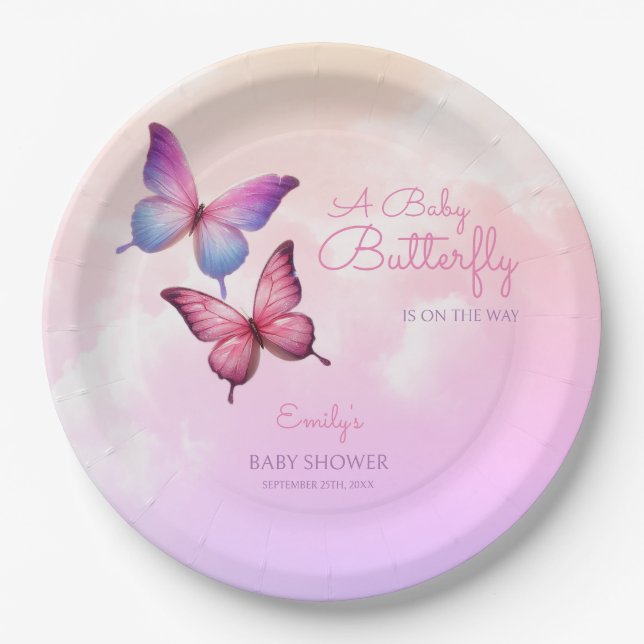 Pink Lavender Butterfly Babydusche Pappteller (Vorderseite)