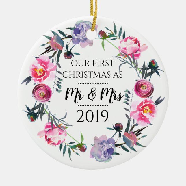 Pink Lavender Erste Weihnachten als Mr & Mrs. Keramik Ornament (Vorne)