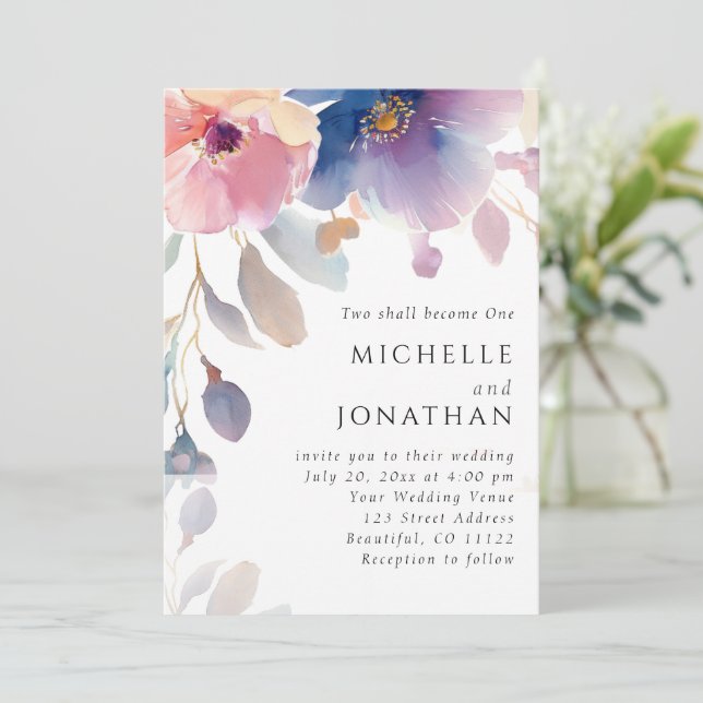 Pink Lavender Floral Christlich Bible Verse Hochze Einladung (Stehend Vorderseite)