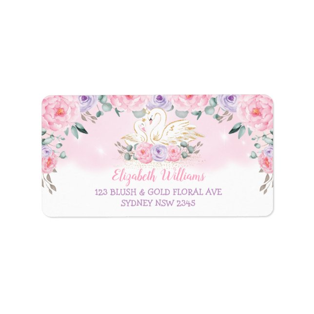 Pink Lavender Floral Swan Princess Rücksendeadress Adressaufkleber (Vorne)