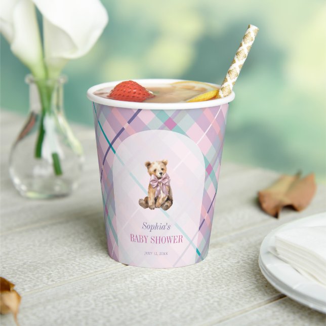 Pink & Lavender Kariert Teddy Bear Babydusche Pappbecher (In Situ)
