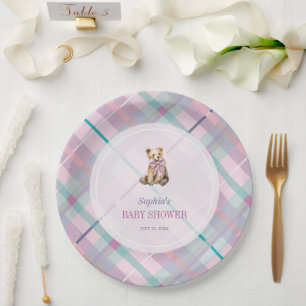Pink & Lavender Kariert Teddy Bear Girl Babydusche Pappteller