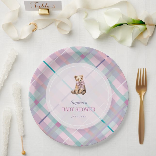 Pink & Lavender Kariert Teddy Bear Girl Babydusche Pappteller (Hochzeit)