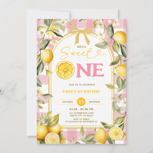 Pink Lemon Gingham Sweet One 1st Birthday Einladung (Vorderseite)