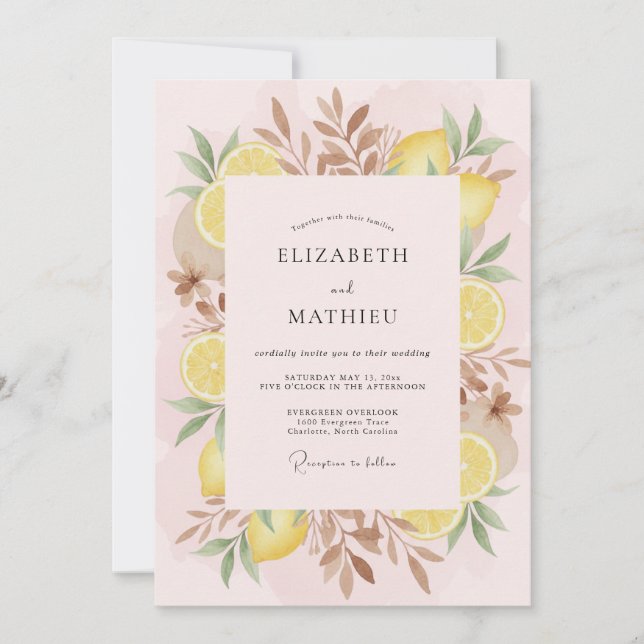 Pink Lemon Leaf Hochzeit Einladung (Vorderseite)