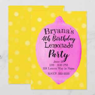 Pink Lemon Limonade Gelbe Geburtstagsfeier Einladung