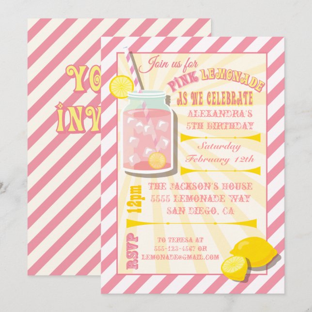 Pink Lemonade Geburtstagsparty Einladungen (Vorne/Hinten)